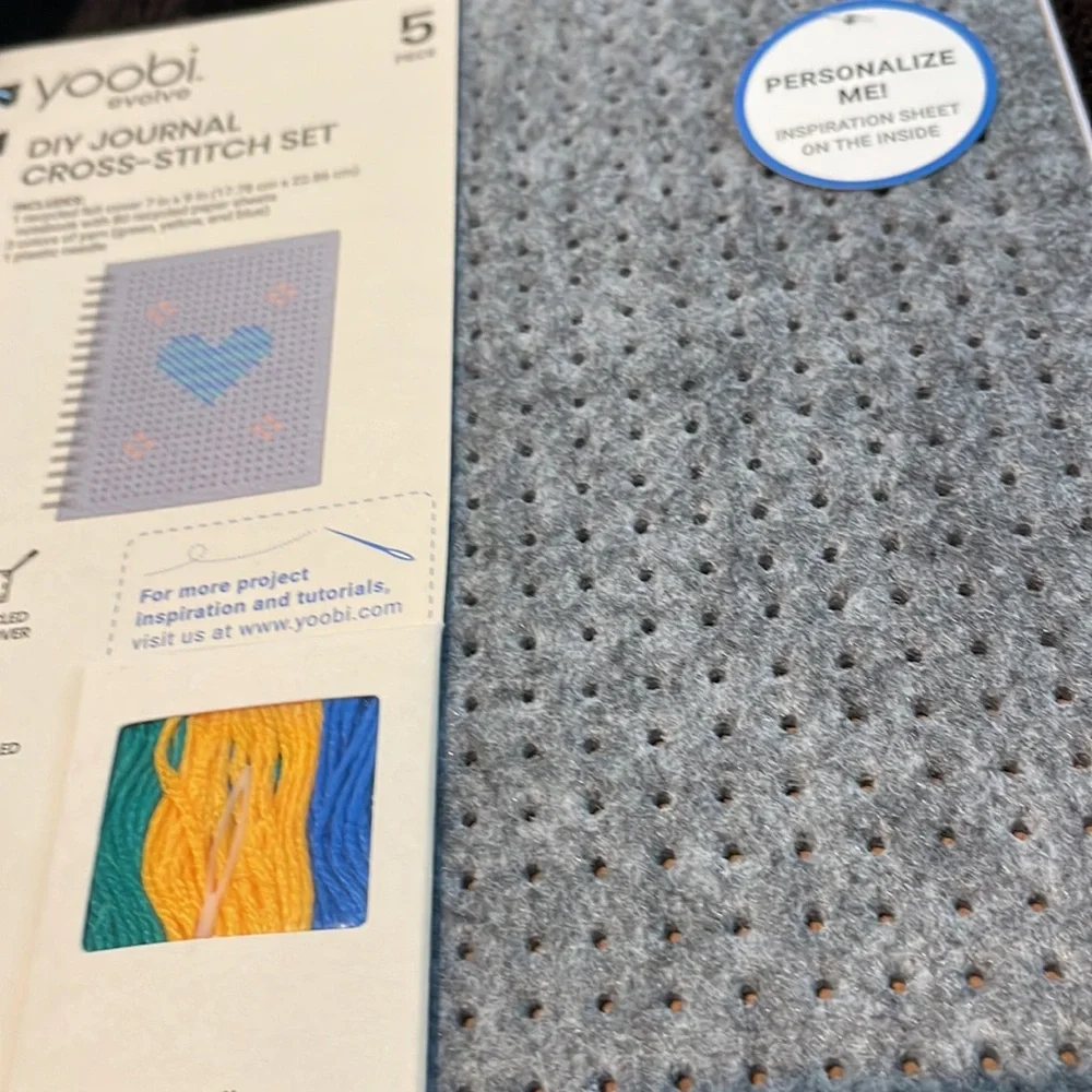 Yoobi DIY Journal Cross-Stitch Set Gray with Colorful Yarn New NWT